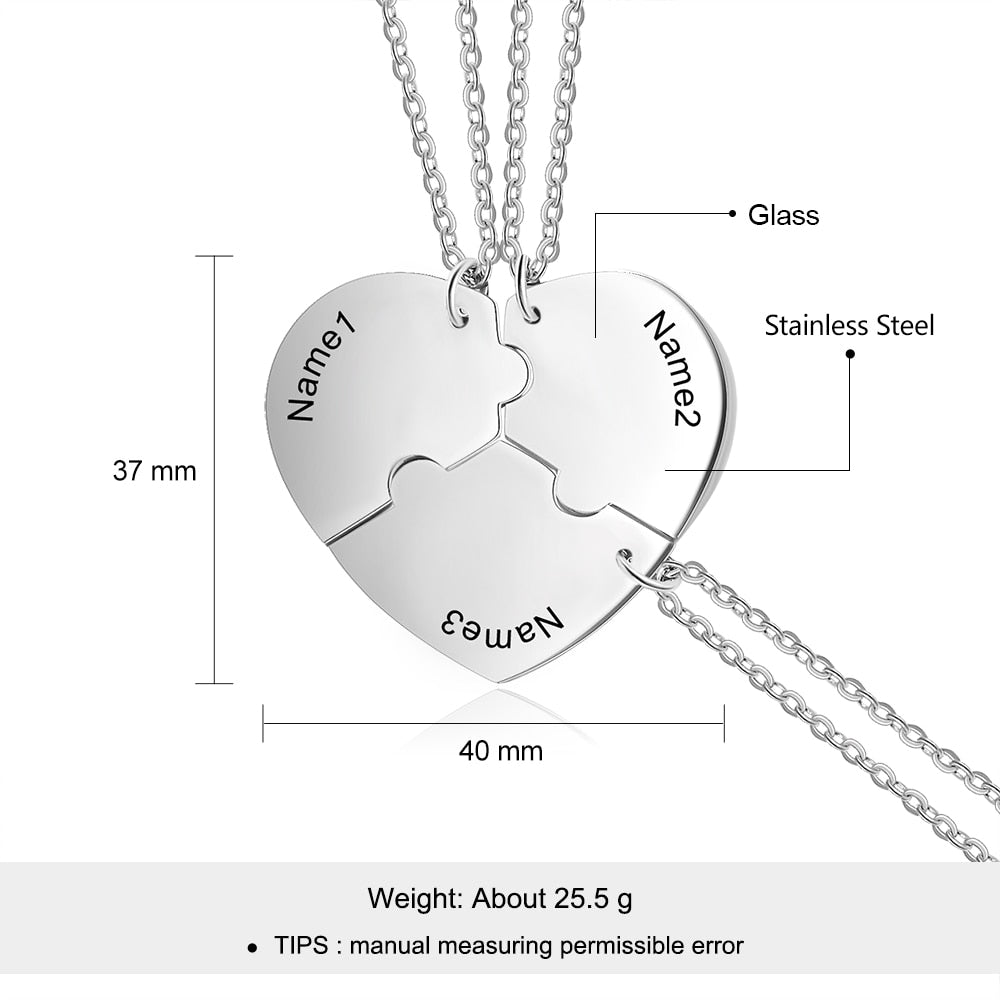 Personalized Stainless Steel Engraved Name Necklace Customized BFF Best Friends Necklace Set 3 Pieces Heart Necklace-Florence Scovel