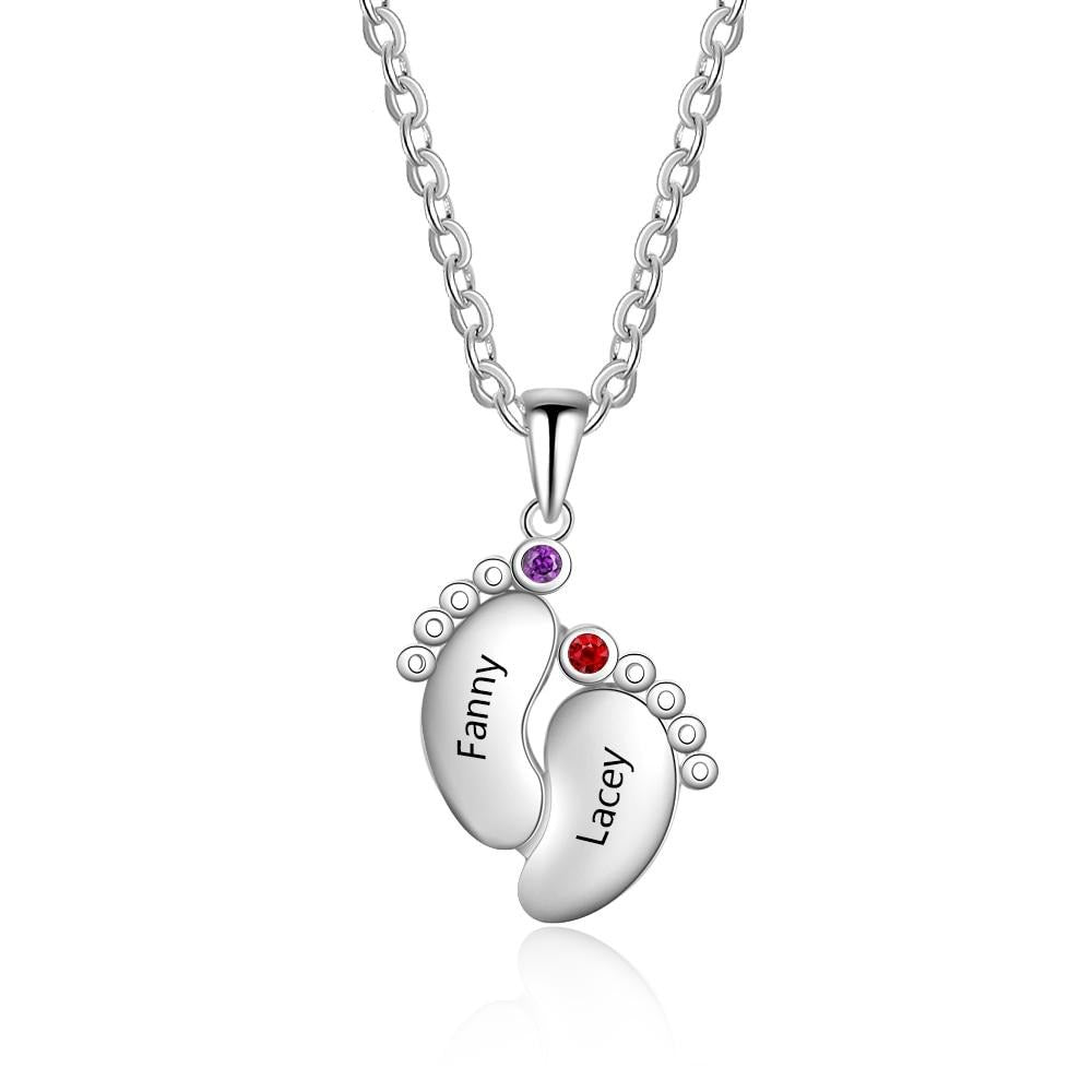 Customized Name Necklace with 2 Birthstones 925 Sterling Silver Personalized Baby Feet Engraved Necklace Gift-Florence Scovel