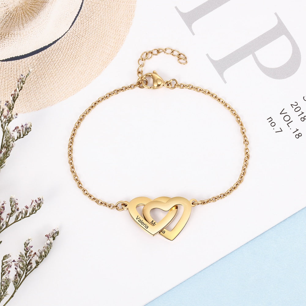 Personalized Intertwined Heart Bracelets with 2 Custom Names Customized Stainless Steel Engraved Bracelets & Bangles-Florence Scovel