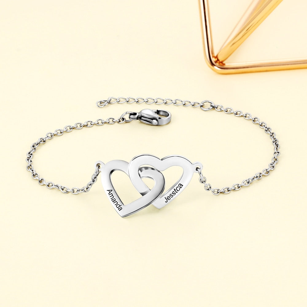 Personalized Intertwined Heart Bracelets with 2 Custom Names Customized Stainless Steel Engraved Bracelets & Bangles-Florence Scovel