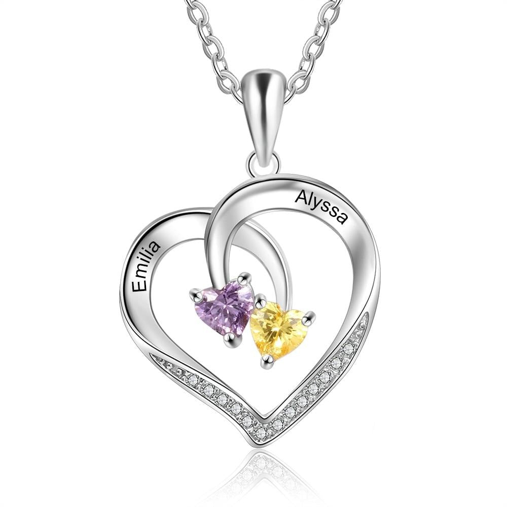 925 Sterling Silver Personalized Heart Necklace with 2 Birthstones Engraved Name Couple Necklace Silver Jewelry Gifts for Wife-Florence Scovel