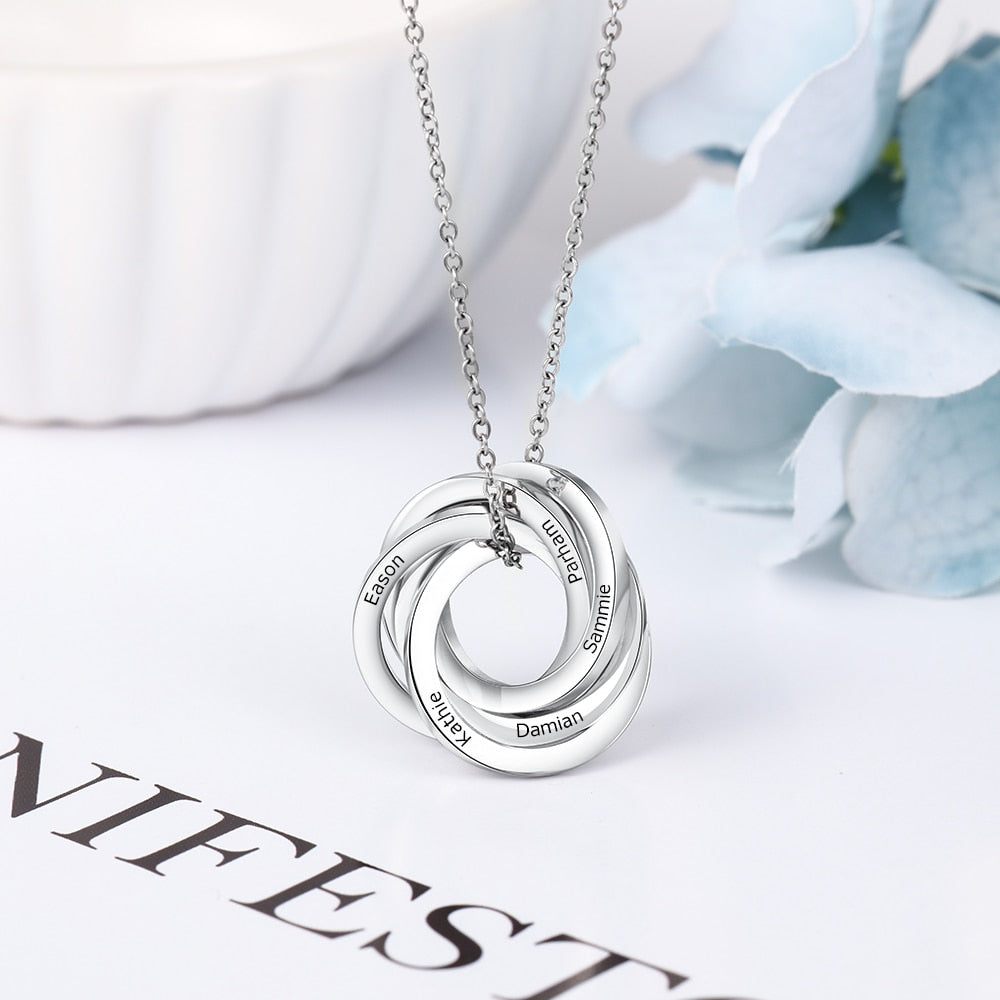 Personalized Intertwined Circles Engraved Necklace Customized 5 Family Names Stainless Steel Pendants for Women Girls-Florence Scovel