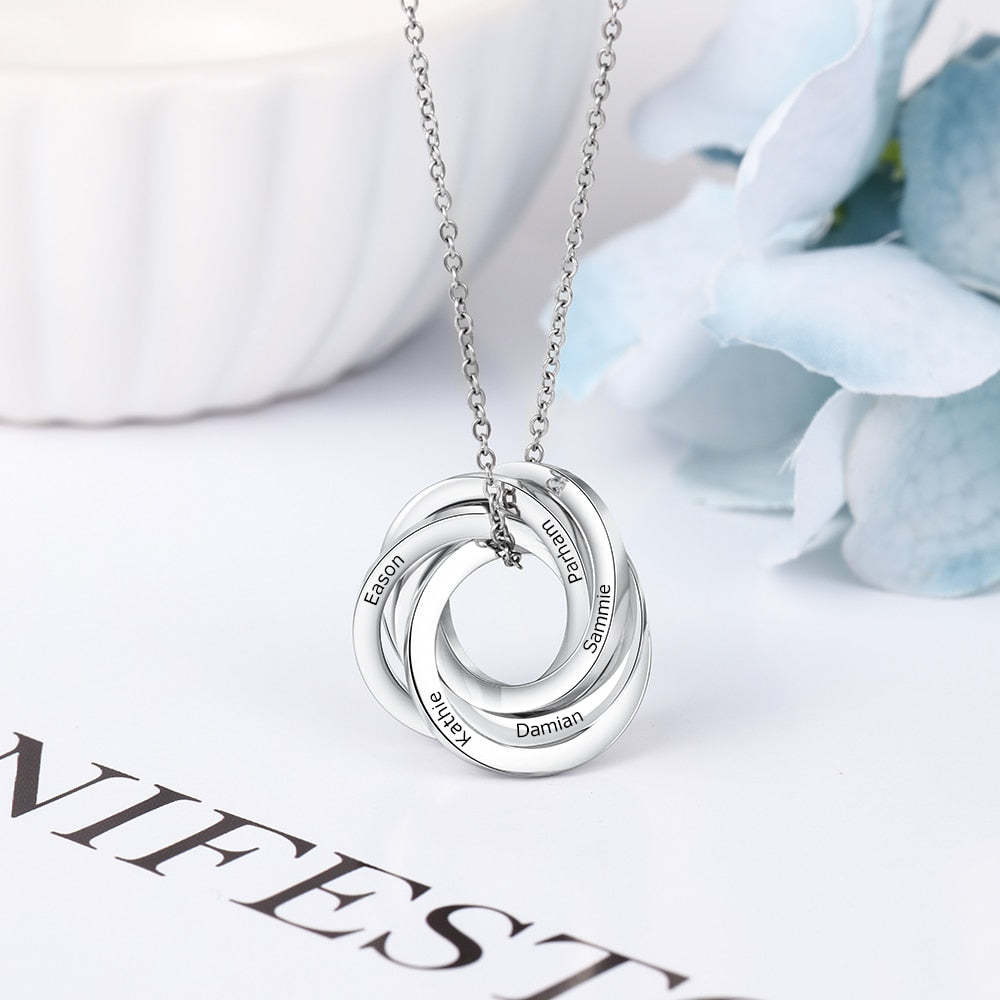 Personalized Intertwined Circles Engraved Necklace Customized 5 Family Names Stainless Steel Pendants for Women Girls-Florence Scovel
