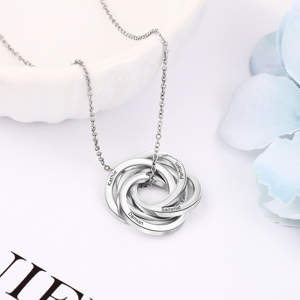 Personalized Intertwined Circles Engraved Necklace Customized 5 Family Names Stainless Steel Pendants for Women Girls-Florence Scovel