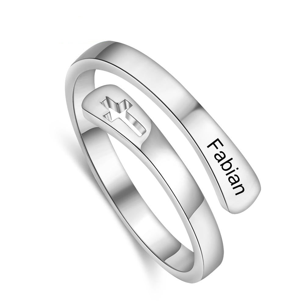 Customized Wrap Name Ring with Cross Resizable Stainless Steel Engraved Rings for Women Personalized Gift Jewelry-Florence Scovel