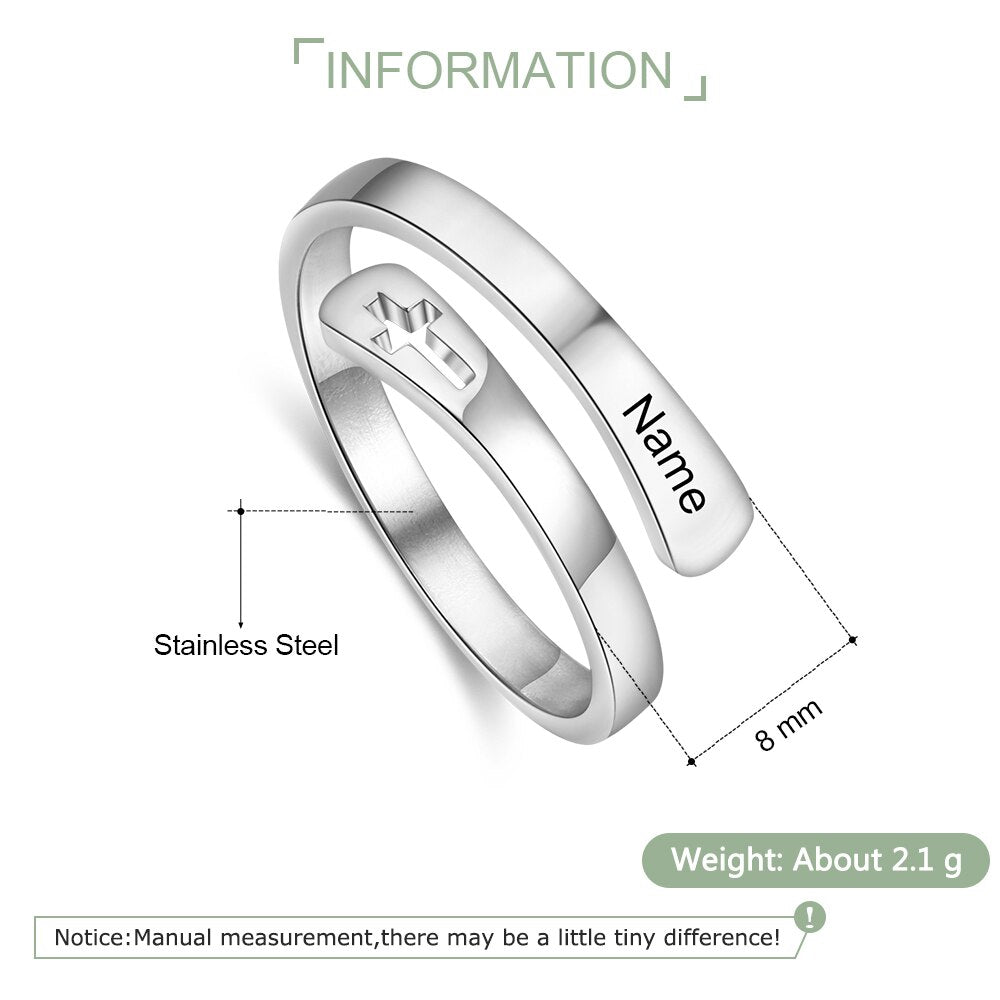 Customized Wrap Name Ring with Cross Resizable Stainless Steel Engraved Rings for Women Personalized Gift Jewelry-Florence Scovel