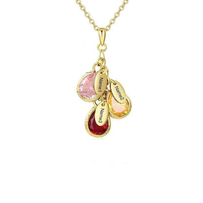 Mother Necklace with 3 Custom Birthstones Engraved Family kids Names Water Drop Pendant Necklace Gifts-Florence Scovel