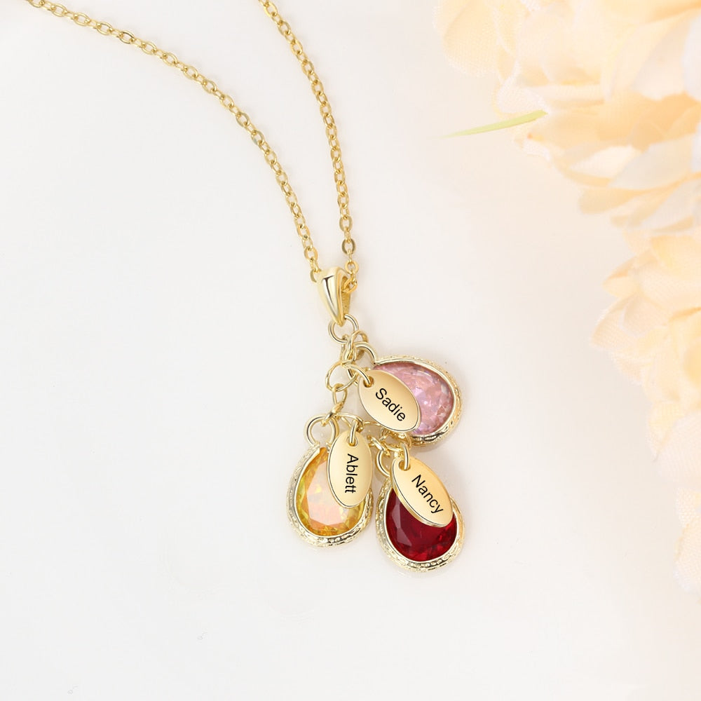 Mother Necklace with 3 Custom Birthstones Engraved Family kids Names Water Drop Pendant Necklace Gifts-Florence Scovel