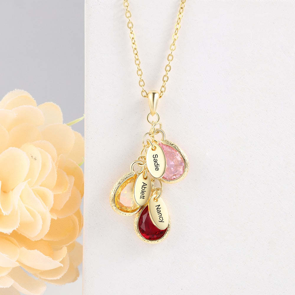 Mother Necklace with 3 Custom Birthstones Engraved Family kids Names Water Drop Pendant Necklace Gifts-Florence Scovel