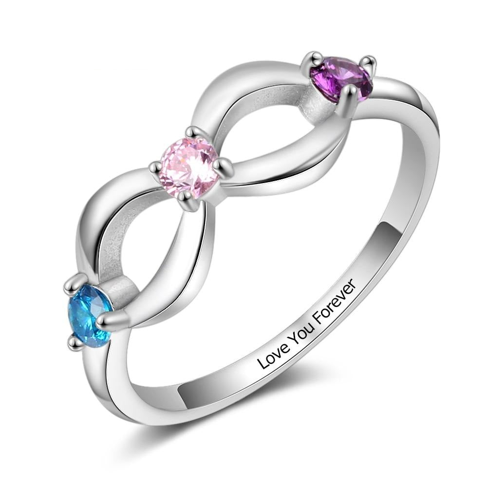 925 Sterling Silver Personalized Infinity Ring with 3 Birthstones Customized Inner Engraving Silver Rings for Women-Florence Scovel