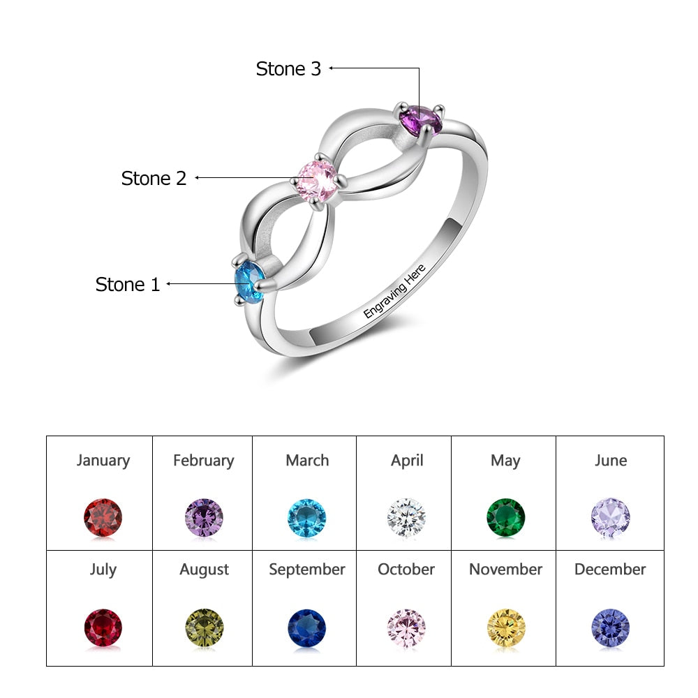 925 Sterling Silver Personalized Infinity Ring with 3 Birthstones Customized Inner Engraving Silver Rings for Women-Florence Scovel