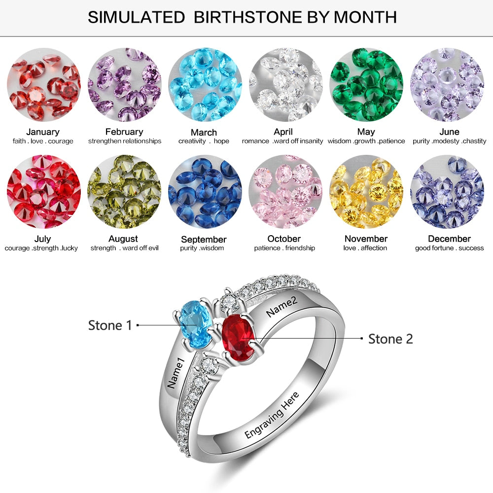 Personalized 925 Sterling Silver Name Engraved Ring with Zirconia Customized Oval Birthstone Wedding Rings for Women-Florence Scovel