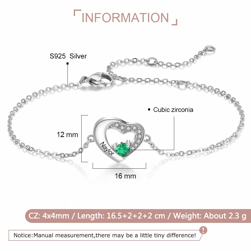 Personalized 925 Sterling Silver Engraved Name Bracelets for Women Lover's Customized Heart Birthstone Chain Bracelet-Florence Scovel