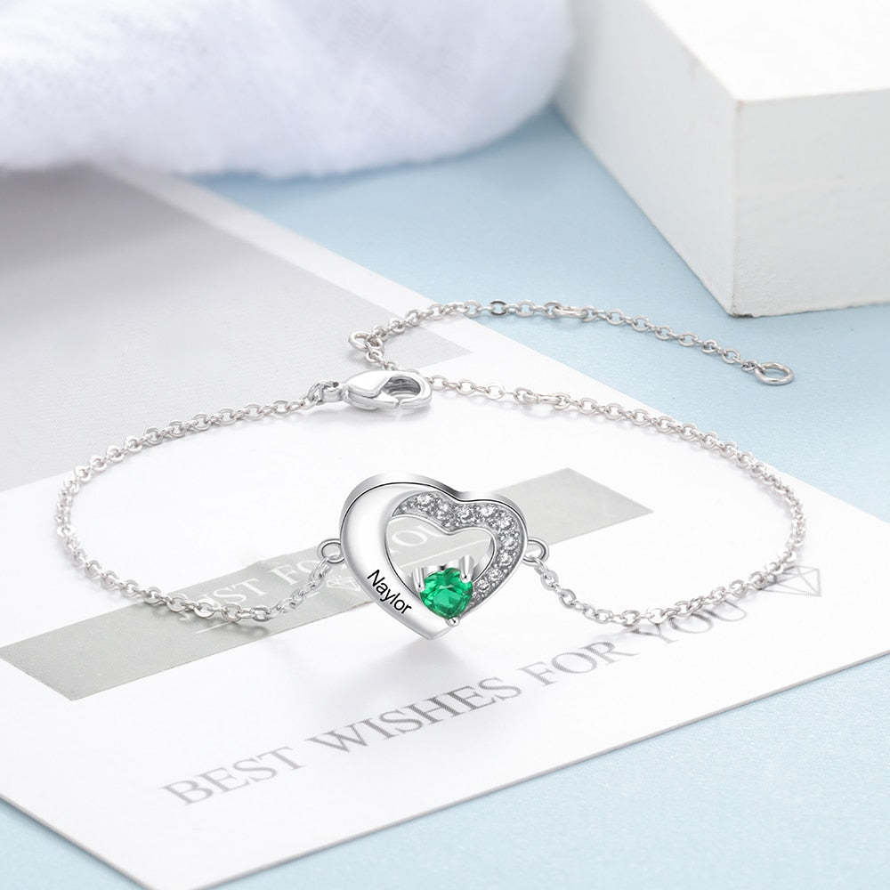 Personalized 925 Sterling Silver Engraved Name Bracelets for Women Lover's Customized Heart Birthstone Chain Bracelet-Florence Scovel