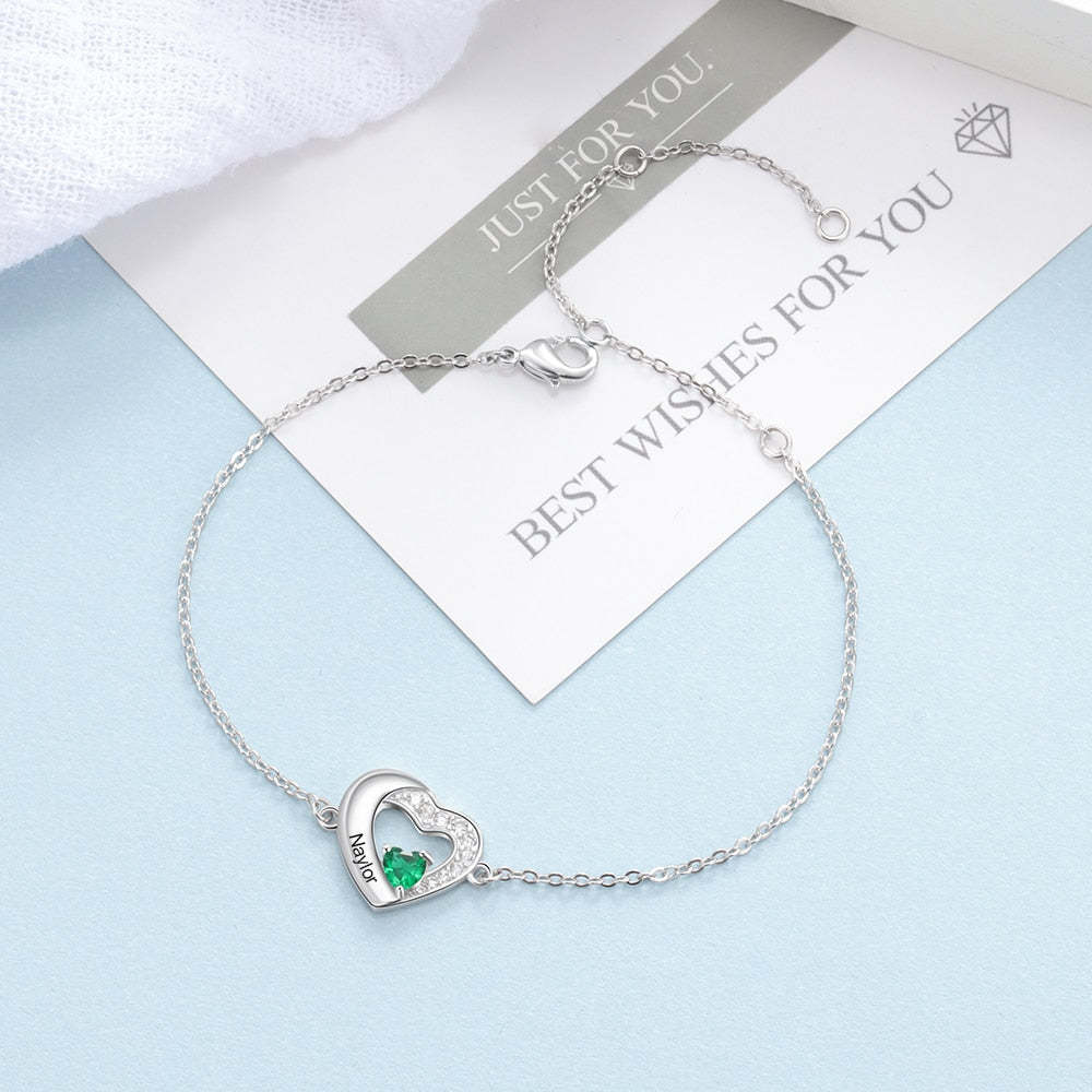Personalized 925 Sterling Silver Engraved Name Bracelets for Women Lover's Customized Heart Birthstone Chain Bracelet-Florence Scovel