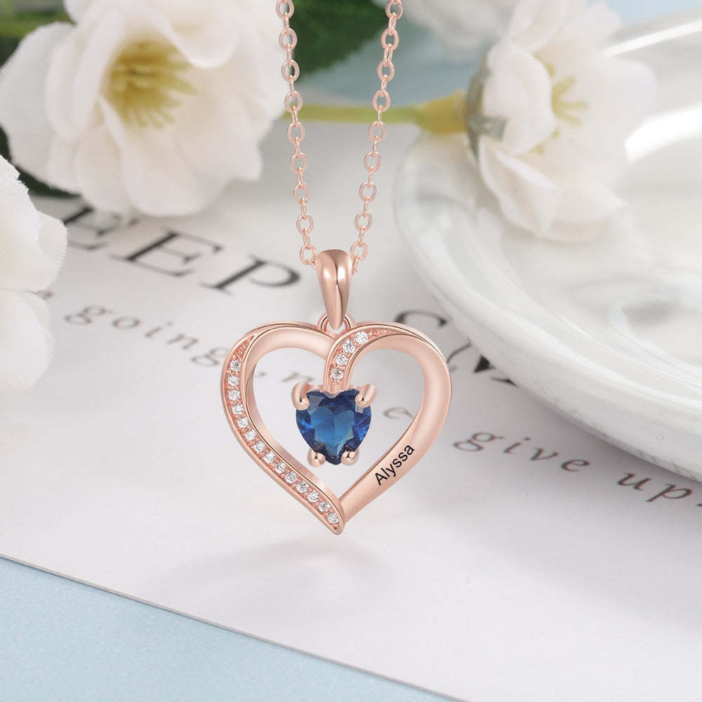 Personalized Engraving Name Heart Pendant Necklace Gold/Rose Gold Color Custom Birthstone Necklace Women Jewelry Gift-Florence Scovel