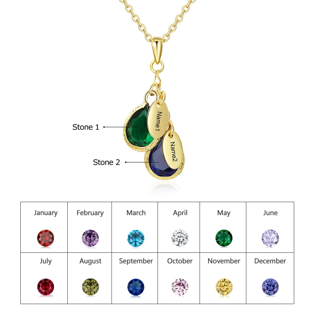Personalized Name Necklace with 2 Birthstones Water Drop Customized Necklace Anniversary Jewelry-Florence Scovel