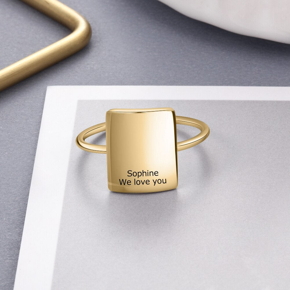 Personalized Jewelry Gold Color Stainless Steel Engraved Rings for Women Customized Square Ring OL Ladies Jewelry-Florence Scovel