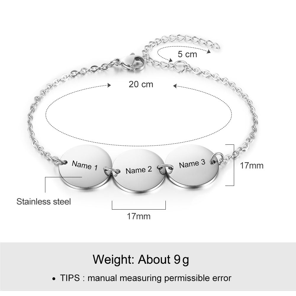 Personalized Stainless Steel Round Discs Engraved Bracelets for Women Customized 3 Names Friendship Bracelets & Bangles-Florence Scovel