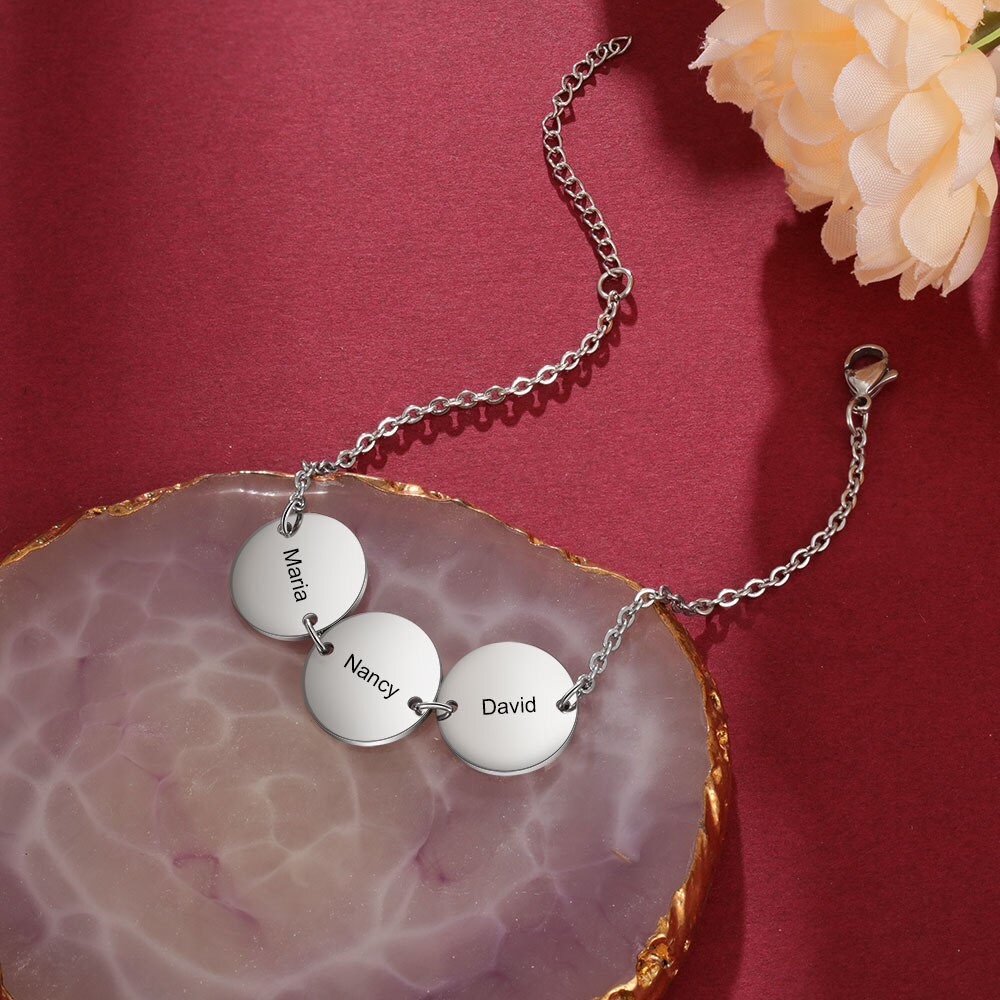 Personalized Stainless Steel Round Discs Engraved Bracelets for Women Customized 3 Names Friendship Bracelets & Bangles-Florence Scovel