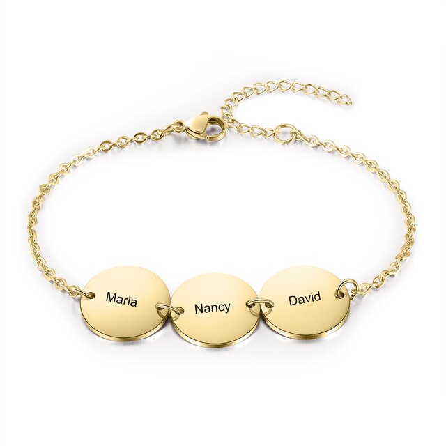 Personalized Stainless Steel Round Discs Engraved Bracelets for Women Customized 3 Names Friendship Bracelets & Bangles-Florence Scovel