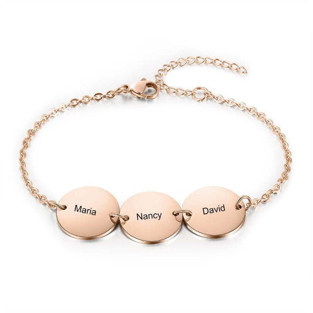 Personalized Stainless Steel Round Discs Engraved Bracelets for Women Customized 3 Names Friendship Bracelets & Bangles-Florence Scovel