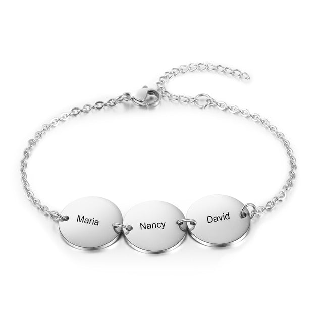 Personalized Stainless Steel Round Discs Engraved Bracelets for Women Customized 3 Names Friendship Bracelets & Bangles-Florence Scovel