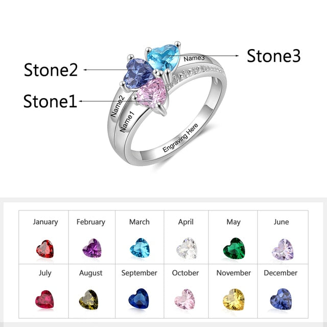 Customized Mother Ring with 3 Heart Birthstones Personalized Silver Color Copper Name Engraved Rings for Women Gifts-Florence Scovel