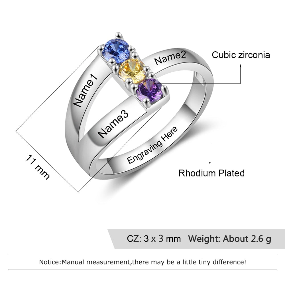 Personalized Silver Color Name Engraved Ring Customized 3 Birthstones Copper Rings for Women Mother Daughters Gifts-Florence Scovel