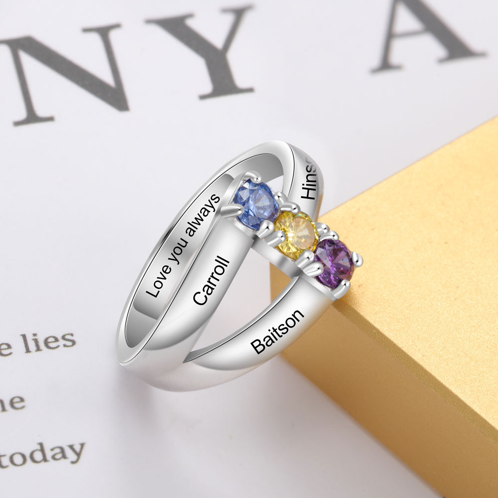 Personalized Silver Color Name Engraved Ring Customized 3 Birthstones Copper Rings for Women Mother Daughters Gifts-Florence Scovel