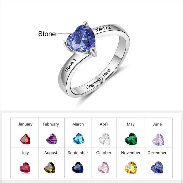 Personalized Name Engraved Silver Color Copper Ring Customized Heart Birthstone Rings for Women Birthday Couple Gifts-Florence Scovel