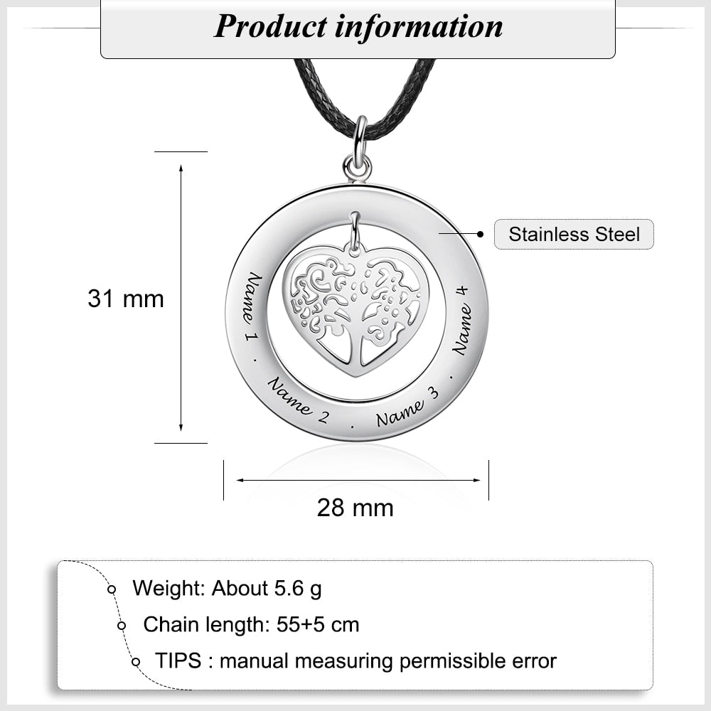 Customized Stainless Steel Tree of Life Men Necklace Personalized Family Names Engrave Pendant for Men Fathers Day Gift-Florence Scovel