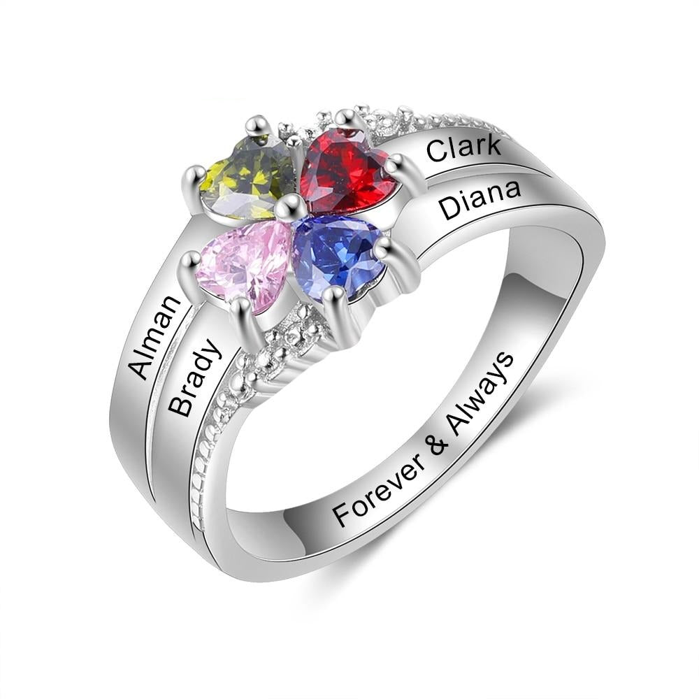 Customized Family Name Mothers Ring with 4 Heart Birthstones Silver Color Personalized Engraved Rings for Women Gifts-Florence Scovel