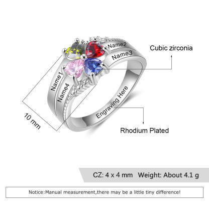 Customized Family Name Mothers Ring with 4 Heart Birthstones Silver Color Personalized Engraved Rings for Women Gifts-Florence Scovel