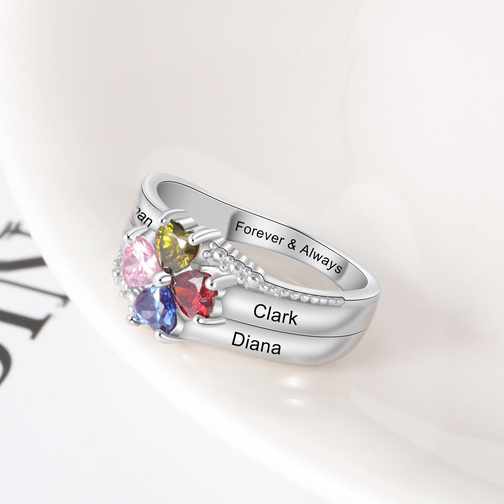 Customized Family Name Mothers Ring with 4 Heart Birthstones Silver Color Personalized Engraved Rings for Women Gifts-Florence Scovel