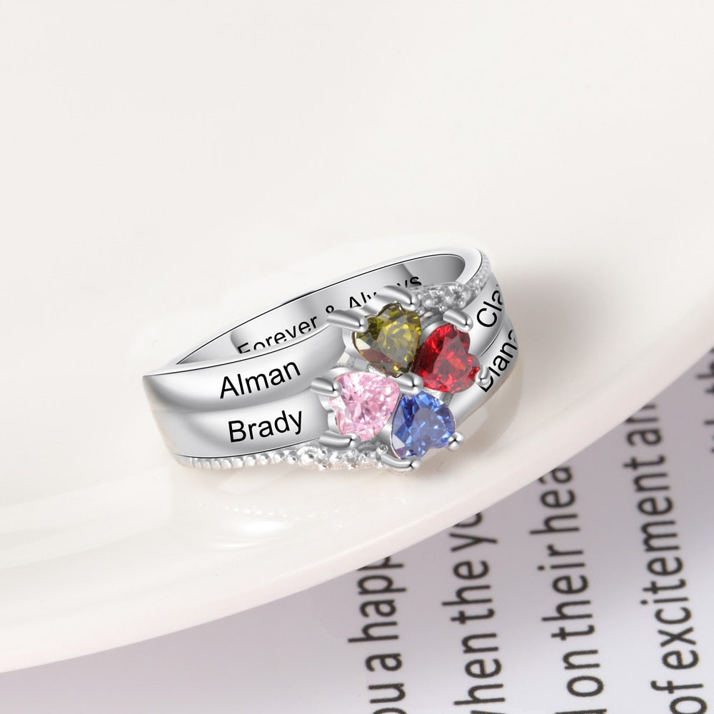 Customized Family Name Mothers Ring with 4 Heart Birthstones Silver Color Personalized Engraved Rings for Women Gifts-Florence Scovel