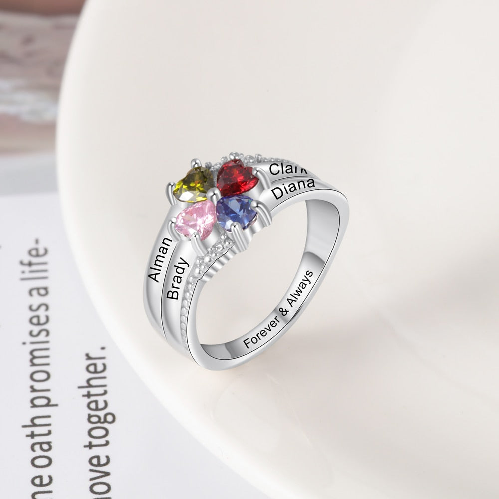 Customized Family Name Mothers Ring with 4 Heart Birthstones Silver Color Personalized Engraved Rings for Women Gifts-Florence Scovel