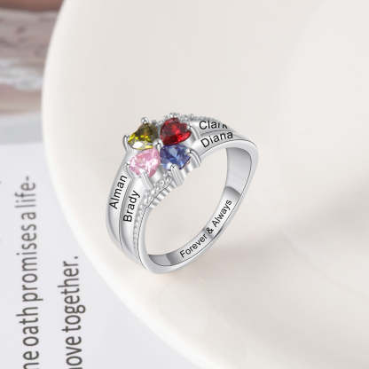 Customized Family Name Mothers Ring with 4 Heart Birthstones Silver Color Personalized Engraved Rings for Women Gifts-Florence Scovel