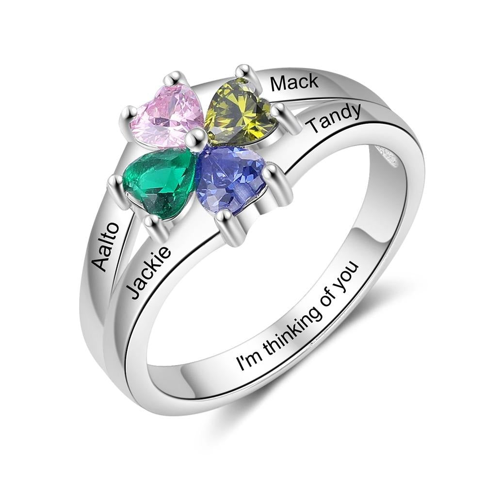 Customized 4 Birthstones Flower Rings for Women Silver Color Personalized Mothers Name Engraved Ring Birthday Gifts-Florence Scovel