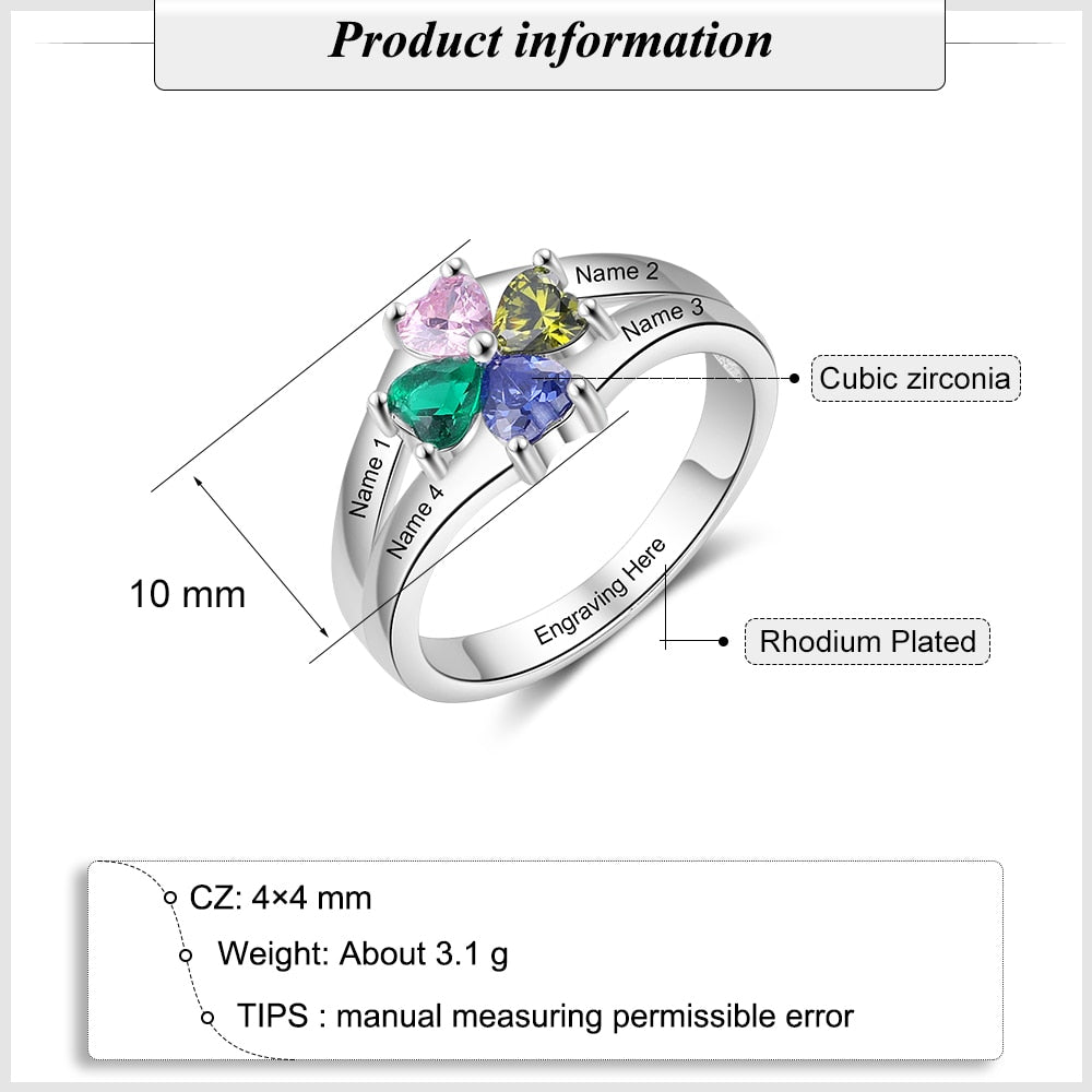 Customized 4 Birthstones Flower Rings for Women Silver Color Personalized Mothers Name Engraved Ring Birthday Gifts-Florence Scovel