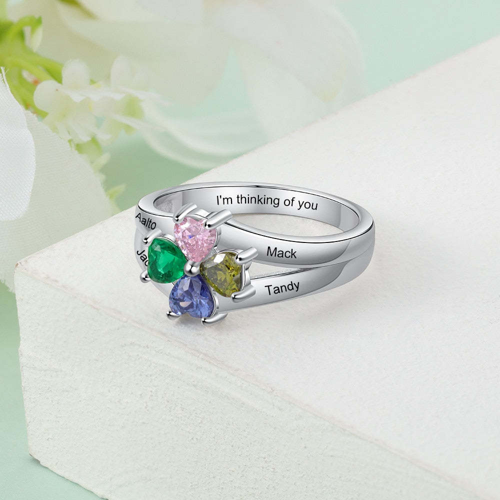 Customized 4 Birthstones Flower Rings for Women Silver Color Personalized Mothers Name Engraved Ring Birthday Gifts-Florence Scovel