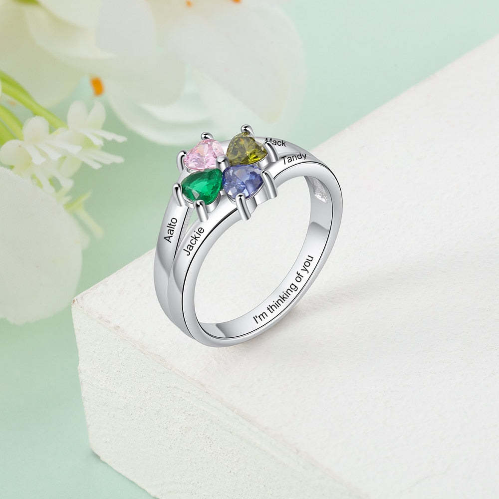 Customized 4 Birthstones Flower Rings for Women Silver Color Personalized Mothers Name Engraved Ring Birthday Gifts-Florence Scovel