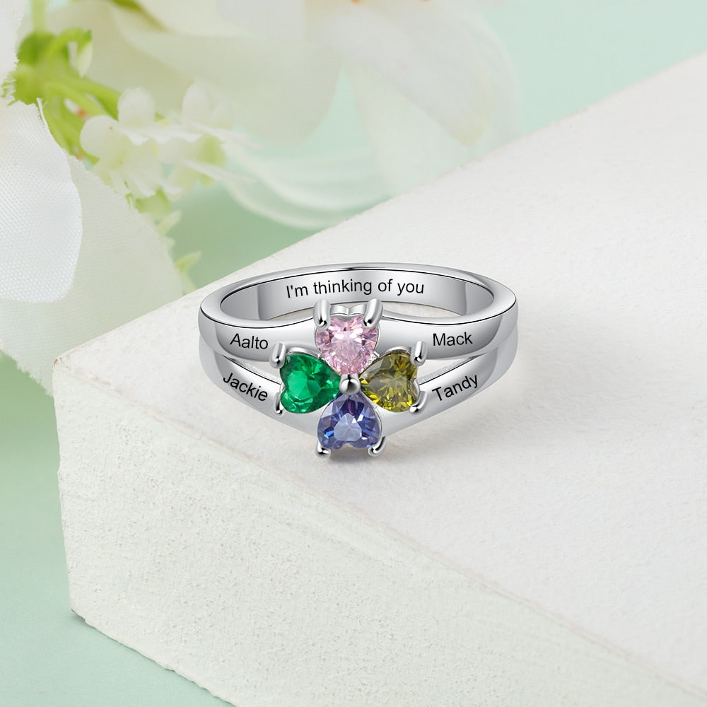 Customized 4 Birthstones Flower Rings for Women Silver Color Personalized Mothers Name Engraved Ring Birthday Gifts-Florence Scovel