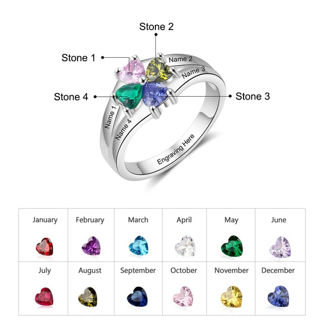 Customized 4 Birthstones Flower Rings for Women Silver Color Personalized Mothers Name Engraved Ring Birthday Gifts-Florence Scovel