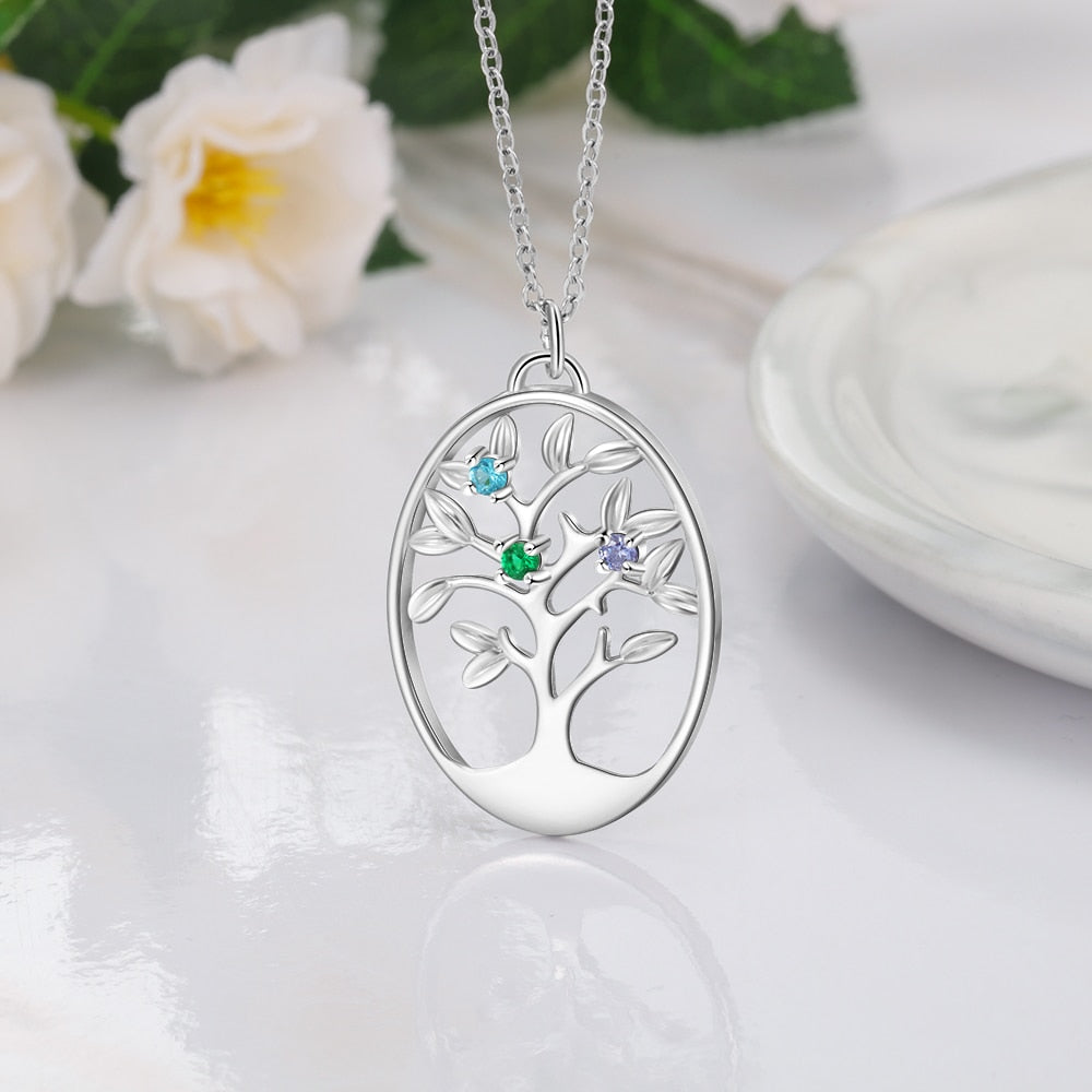 Personalized Tree of Life Pendant Necklace for Women Customized 3 Birthstones Inlaid Jewelry Gifts for Mothers Girls-Florence Scovel