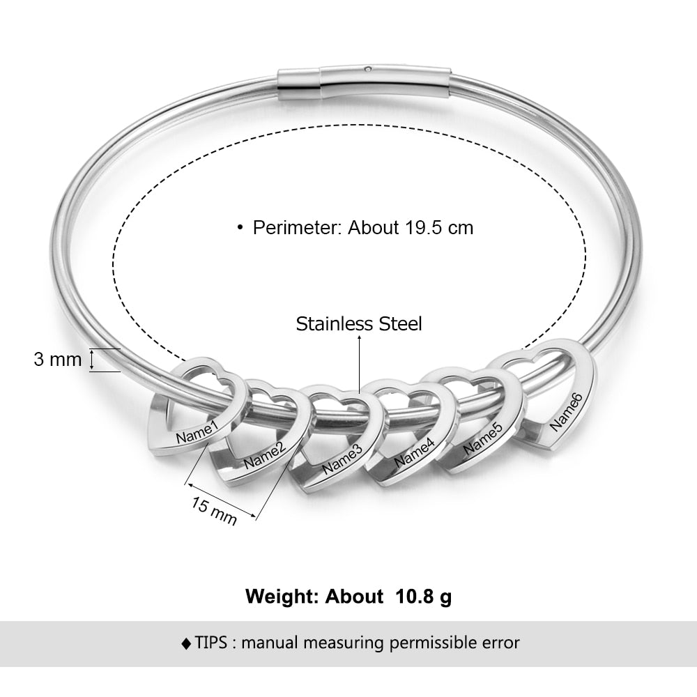 Personalized Engraved 6 Names Heart Bracelets for Women Customized Stainless Steel Bracelets & Bangles Gifts for Family-Florence Scovel