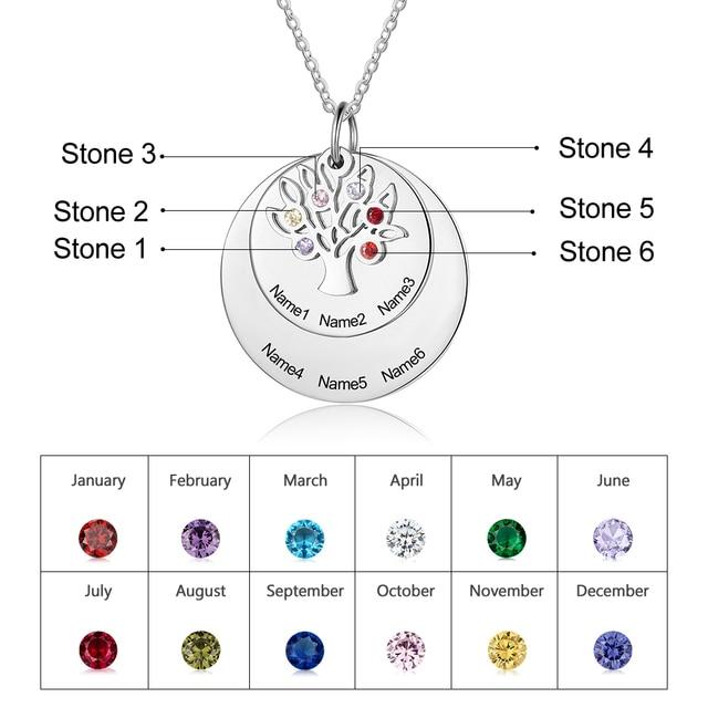 Personalized Family Name Engraved Necklaces for Women Tree of Life Stainless Steel Pendant Necklace with 6 Birthstones Jewelry-Florence Scovel