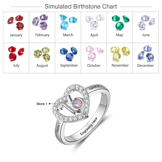 Personalized Birthstone Heart Rings for Women Customized Engraved Name Ring with Zirconia 16 Years Old Birthday Gifts-Florence Scovel