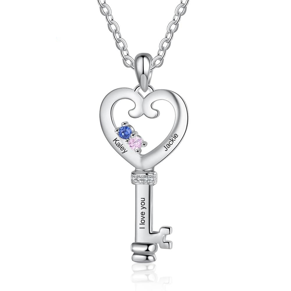 Personalized Key Necklaces Charm Pendant with Heart Engraved Names Memory Jewelry Customized Stones Cute Gift for Women-Florence Scovel