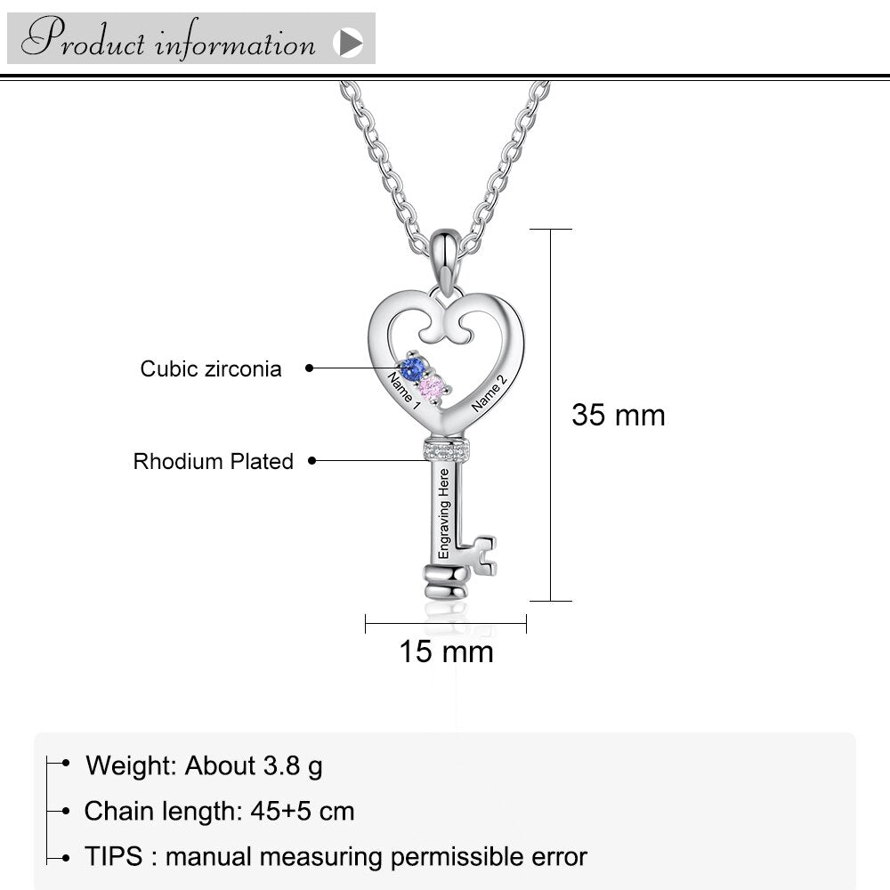 Personalized Key Necklaces Charm Pendant with Heart Engraved Names Memory Jewelry Customized Stones Cute Gift for Women-Florence Scovel